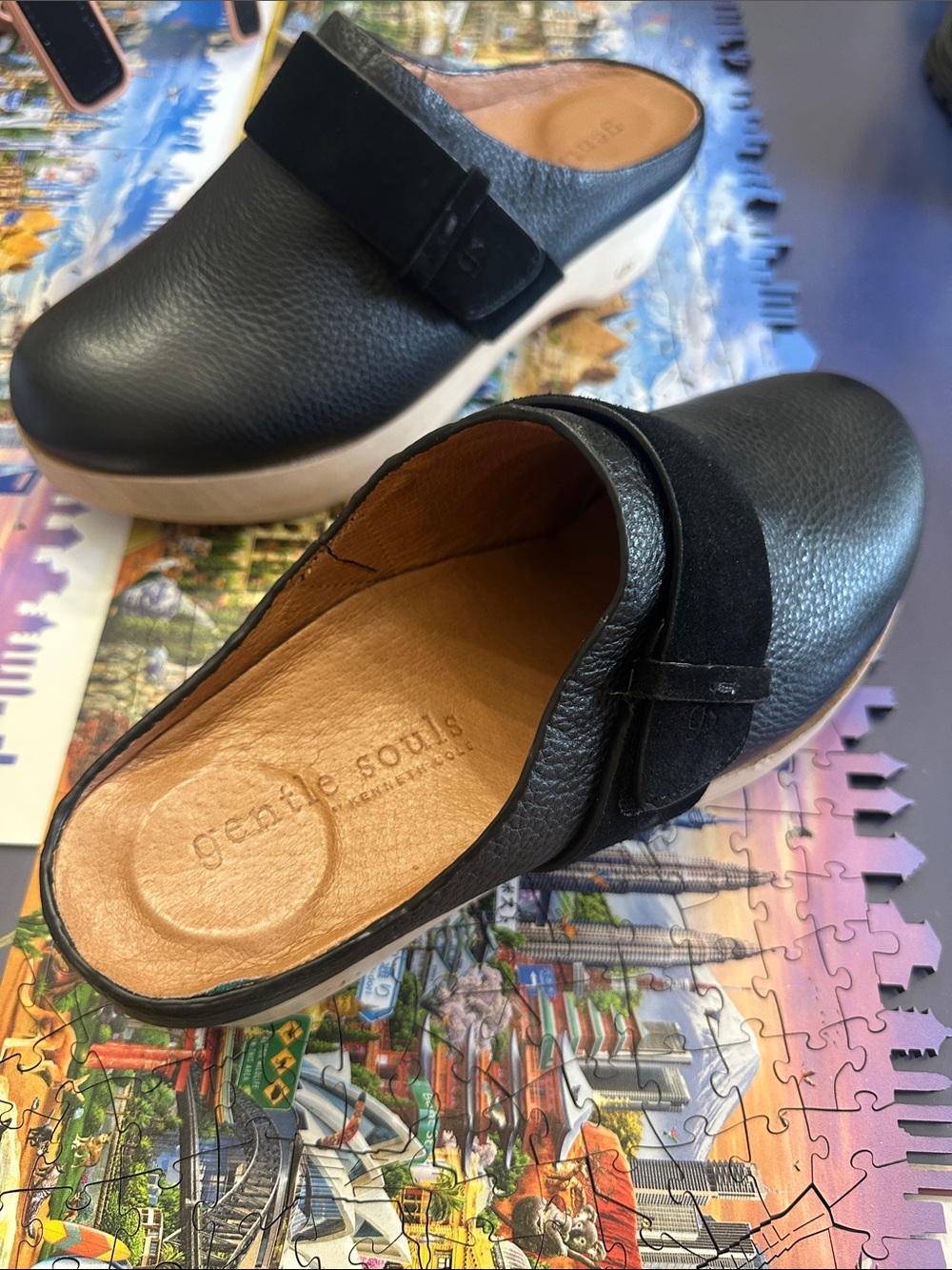 gentle souls Black Leather Slip-On Mule with Buckle Detail